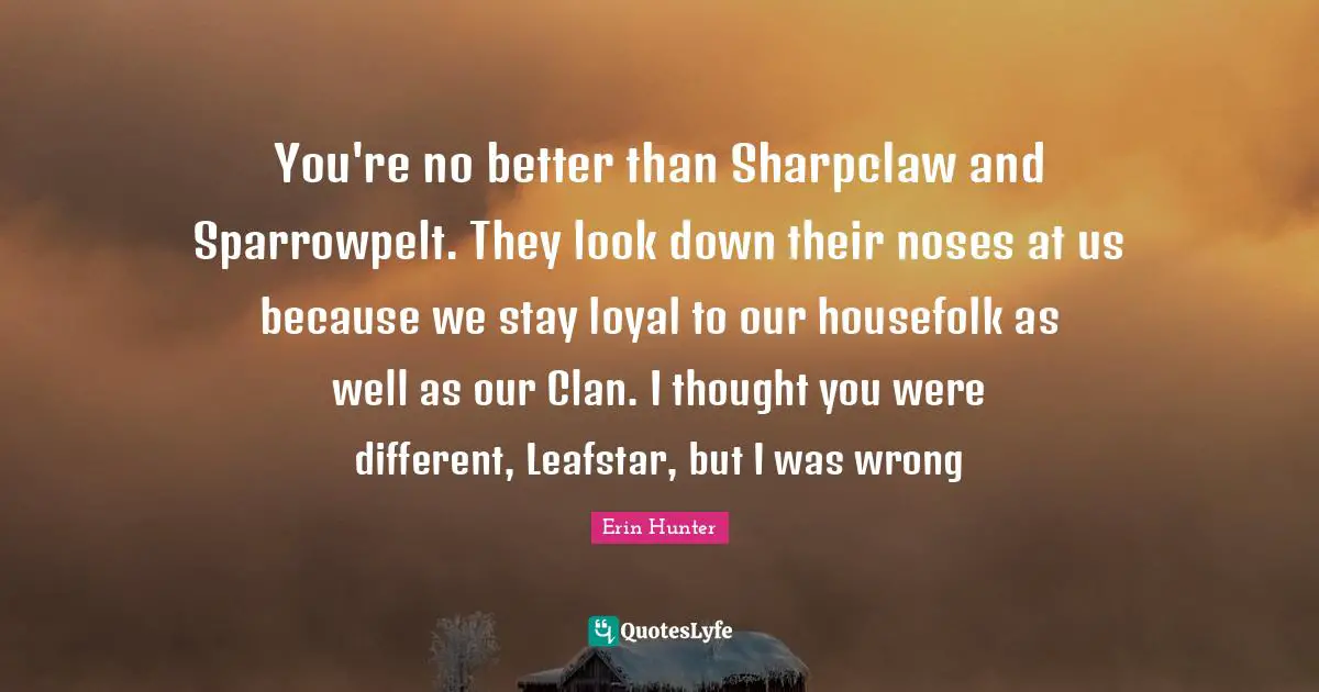 You're no better than Sharpclaw and Sparrowpelt. They look down their noses at us because we stay loyal to our housefolk as well as our Clan. I thought you were different, Leafstar, but I was wrong