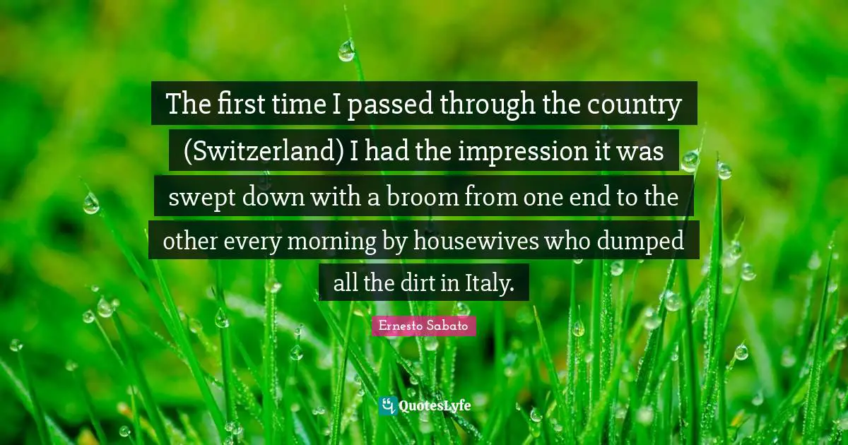 The first time I passed through the country (Switzerland) I had the impression it was swept down with a broom from one end to the other every morning by housewives who dumped all the dirt in Italy.