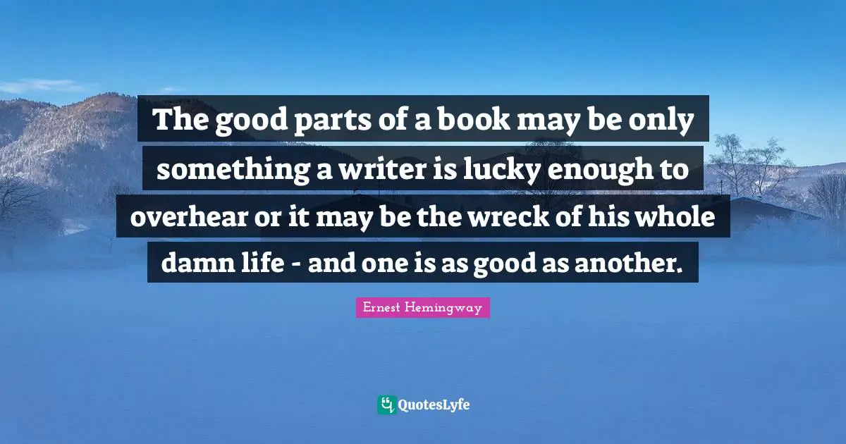 The good parts of a book may be only something a writer is lucky enough to overhear or it may be the wreck of his whole damn life - and one is as good as another.