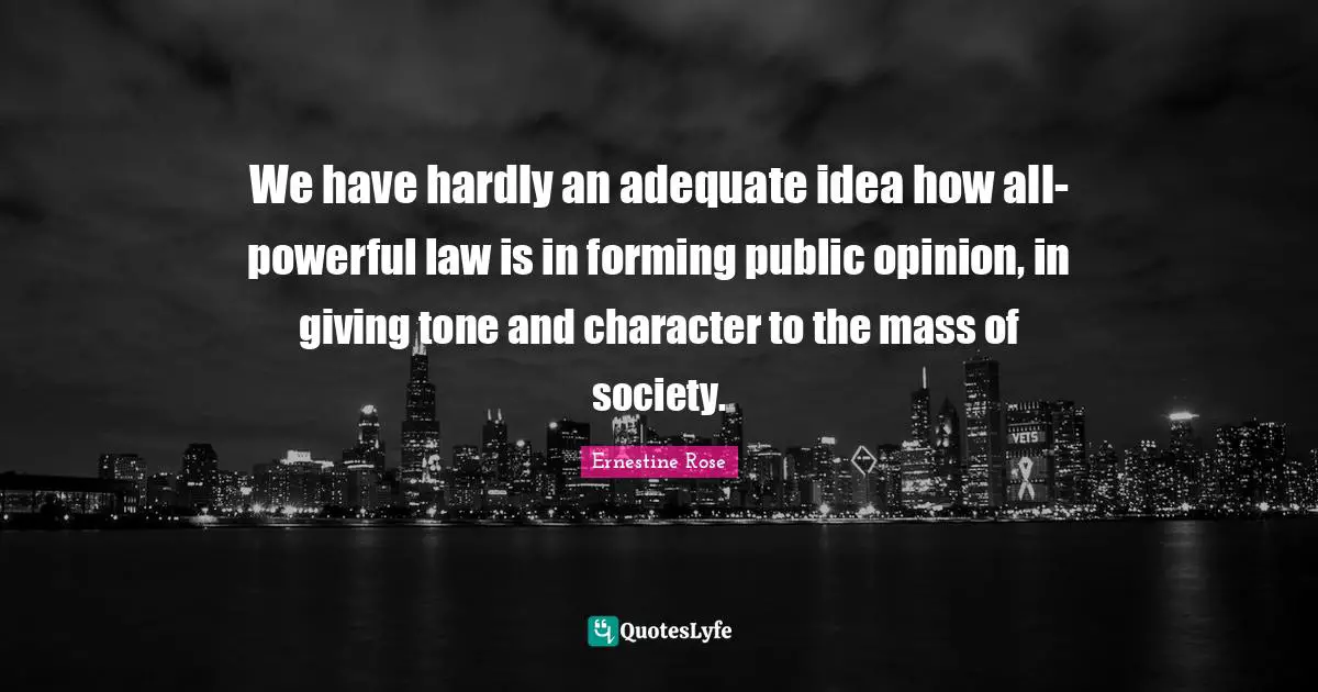 We have hardly an adequate idea how all-powerful law is in forming public opinion, in giving tone and character to the mass of society.