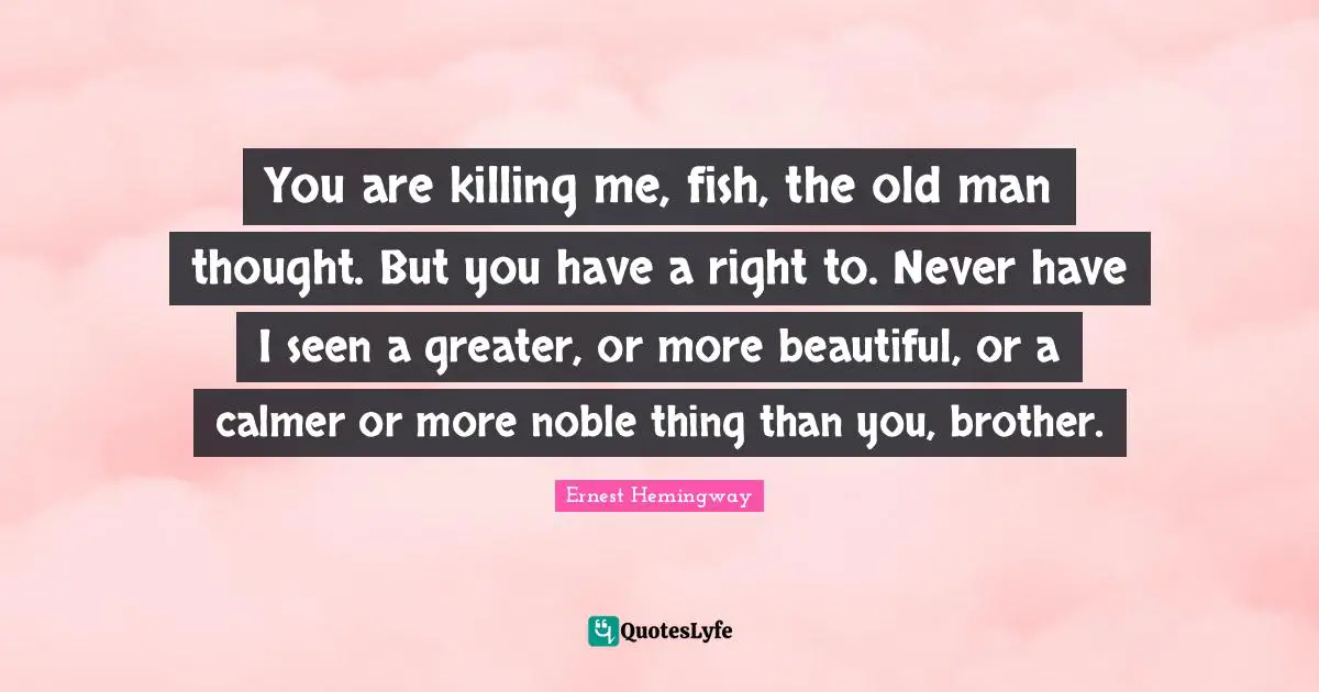 You are killing me, fish, the old man thought. But you have a right to. Never have I seen a greater, or more beautiful, or a calmer or more noble thing than you, brother.