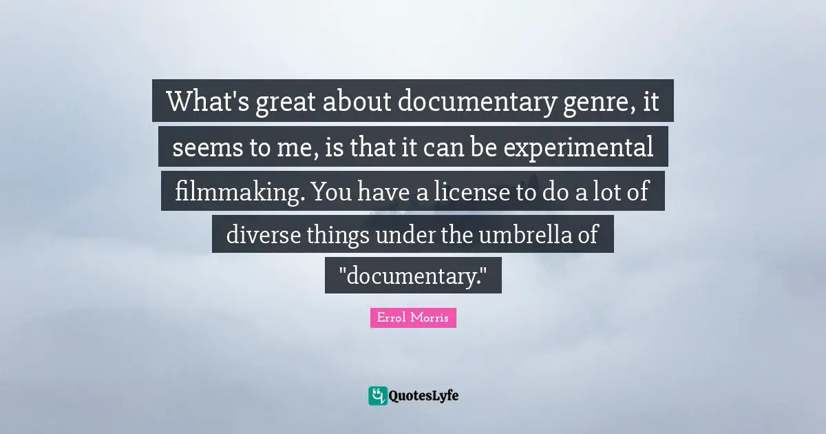 What's great about documentary genre, it seems to me, is that it can be experimental filmmaking. You have a license to do a lot of diverse things under the umbrella of "documentary."
