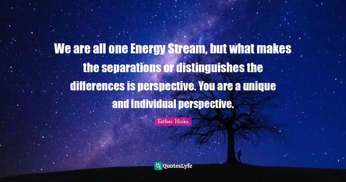 We are all one Energy Stream, but what makes the separations or distinguishes the differences is perspective. You are a unique and individual perspective.