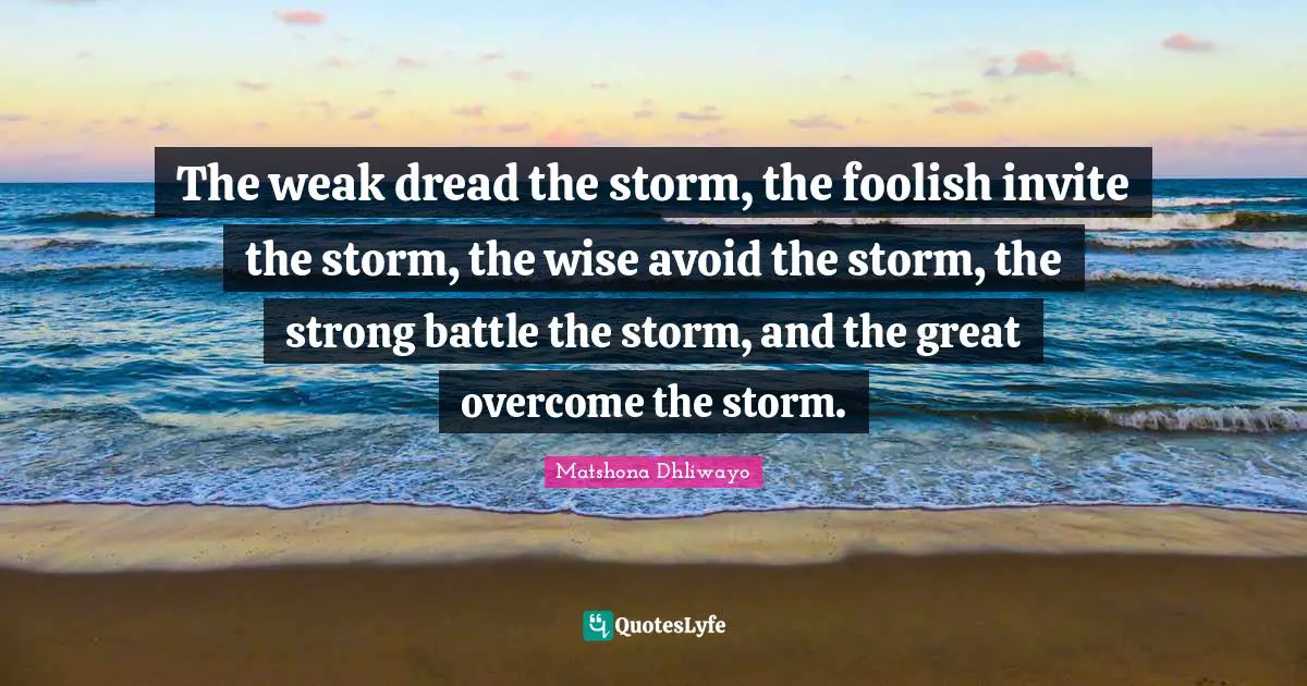 The weak dread the storm, the foolish invite the storm, the wise avoid the storm, the strong battle the storm, and the great overcome the storm.