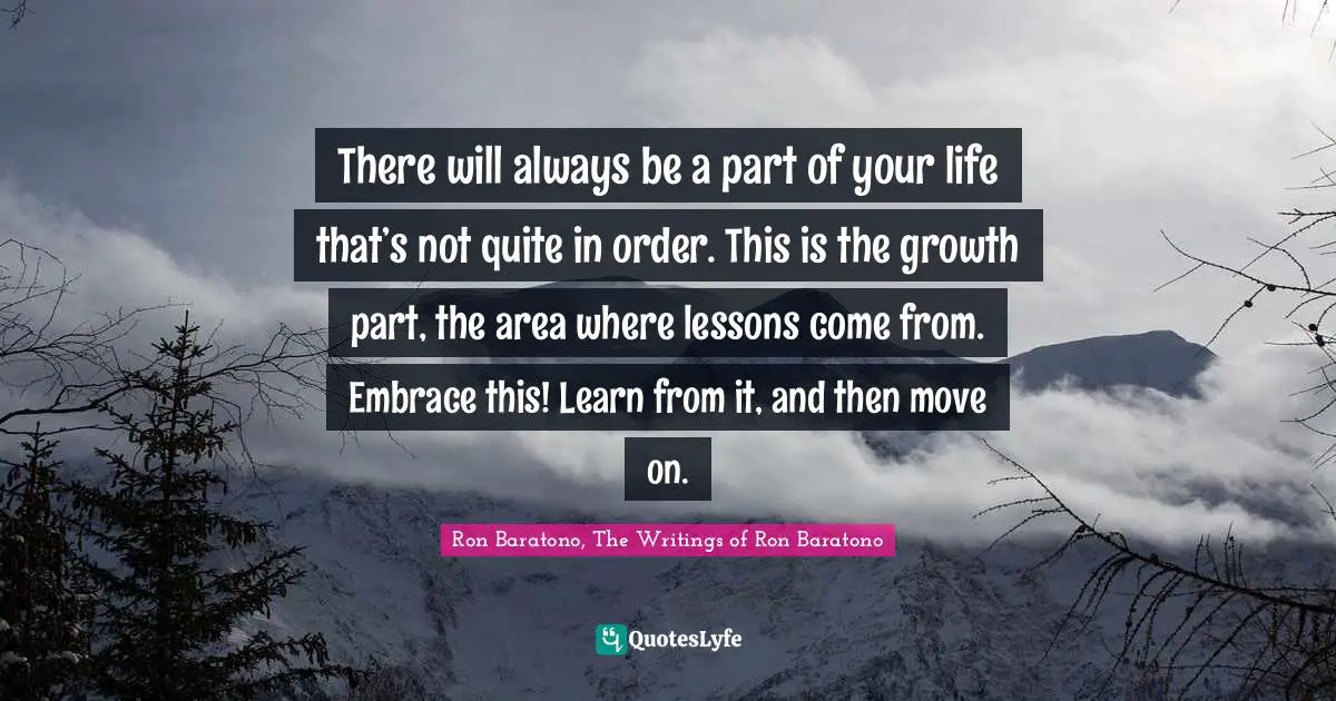There will always be a part of your life that’s not quite in order. This is the growth part, the area where lessons come from. Embrace this! Learn from it, and then move on.