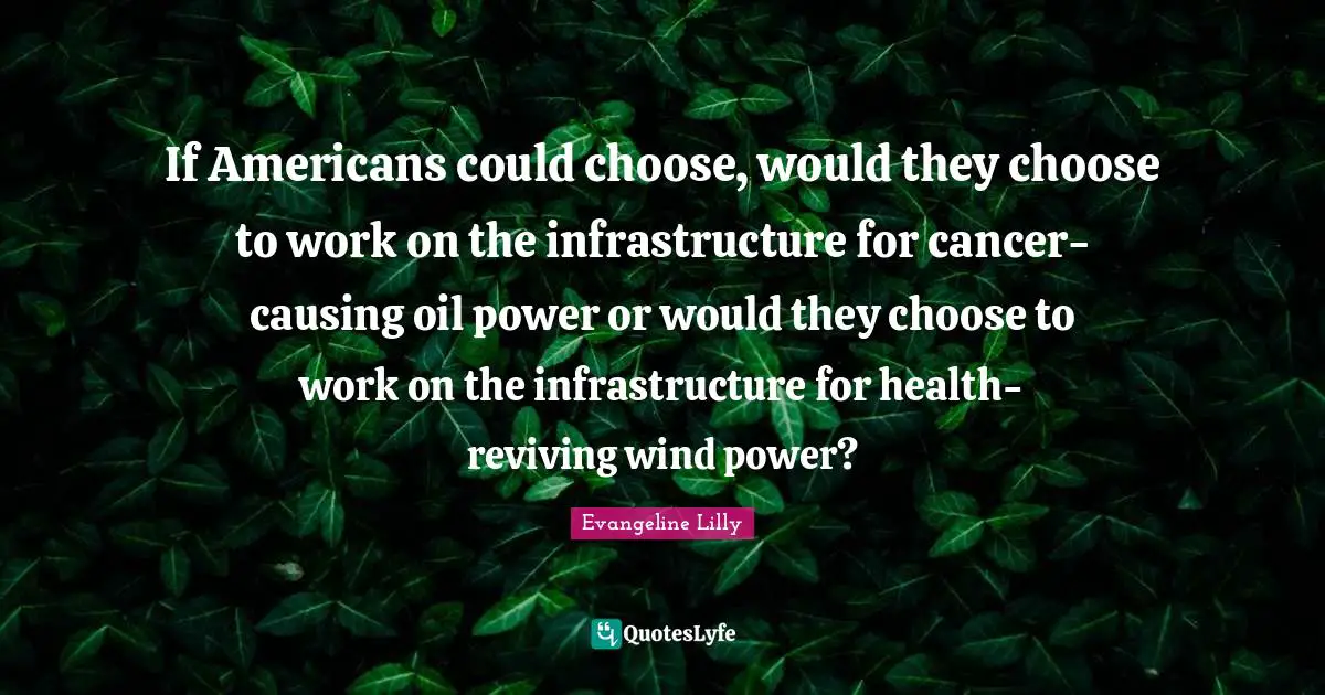 Infrastructure Quotes: "If Americans could choose, would they choose to work on the infrastructure for cancer-causing oil power or would they choose to work on the infrastructure for health-reviving wind power?"