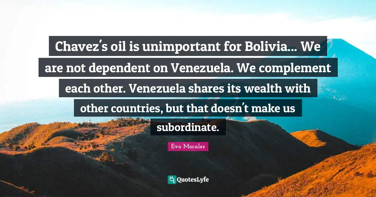 Chavez's oil is unimportant for Bolivia... We are not dependent on Venezuela. We complement each other. Venezuela shares its wealth with other countries, but that doesn't make us subordinate.