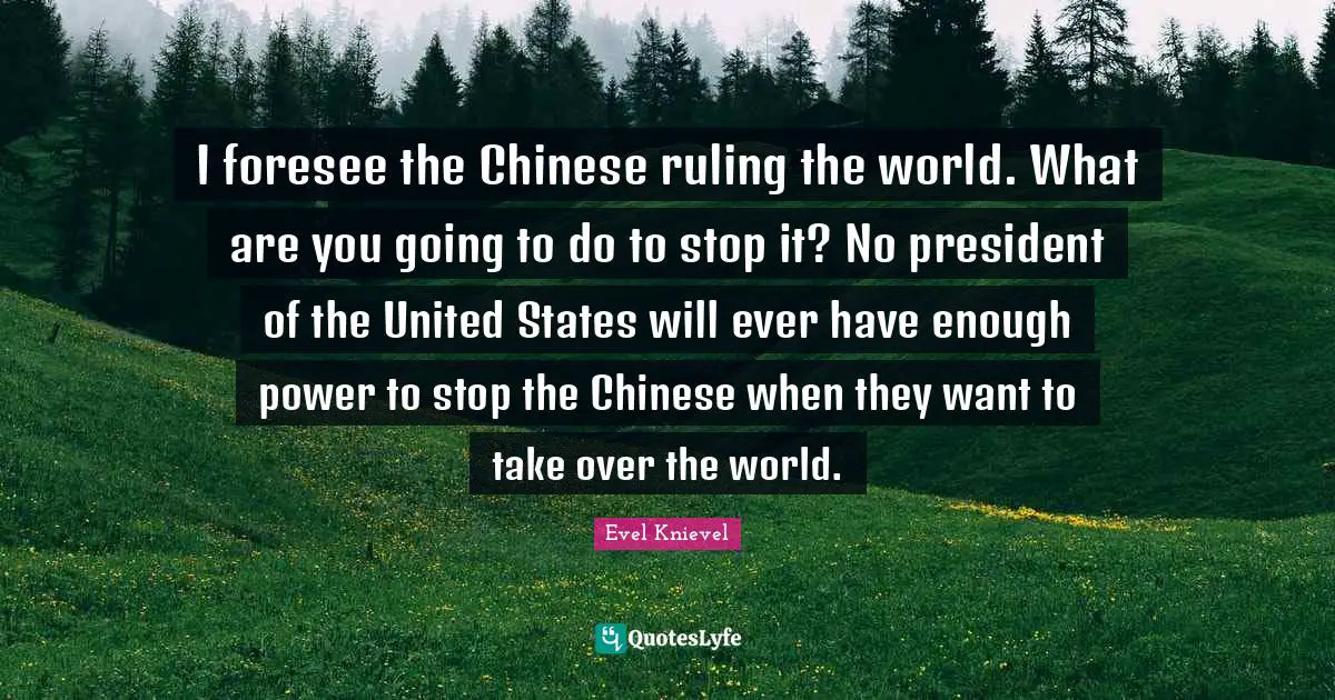 I foresee the Chinese ruling the world. What are you going to do to stop it? No president of the United States will ever have enough power to stop the Chinese when they want to take over the world.