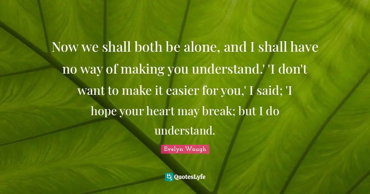 Now we shall both be alone, and I shall have no way of making you understand.' 'I don't want to make it easier for you,' I said; 'I hope your heart may break; but I do understand.