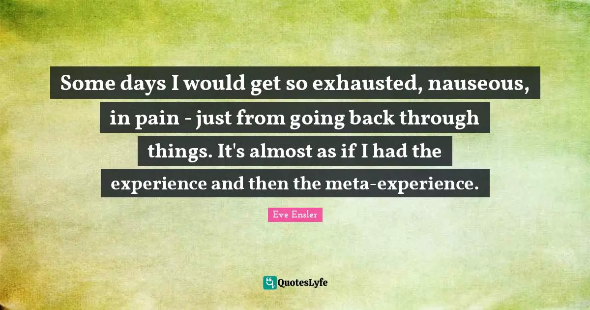 Some days I would get so exhausted, nauseous, in pain - just from going back through things. It's almost as if I had the experience and then the meta-experience.