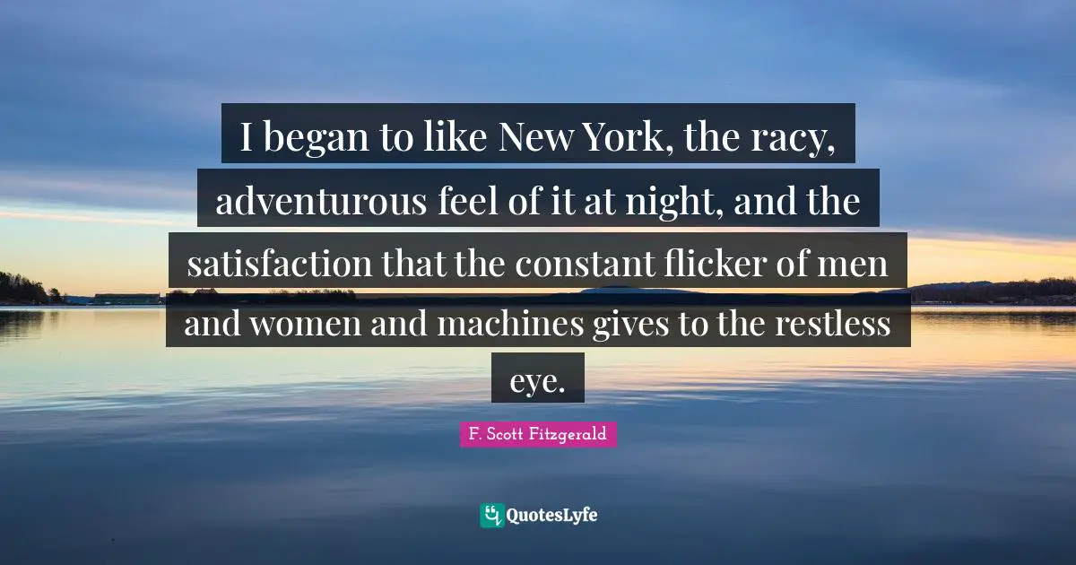 I began to like New York, the racy, adventurous feel of it at night, and the satisfaction that the constant flicker of men and women and machines gives to the restless eye.