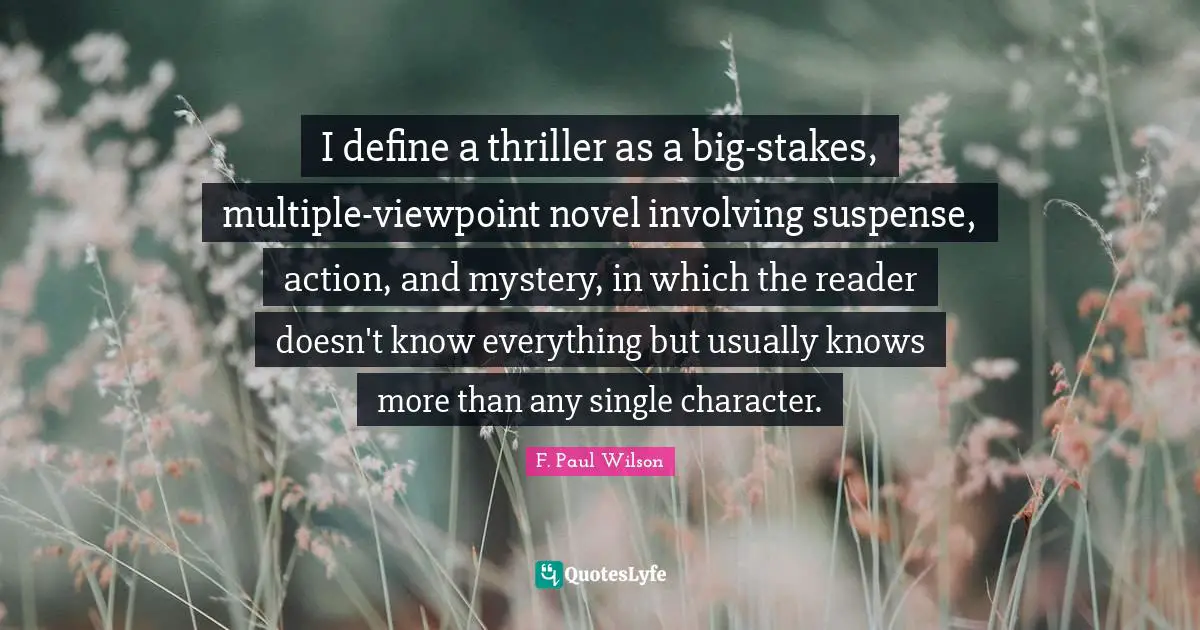 I define a thriller as a big-stakes, multiple-viewpoint novel involving suspense, action, and mystery, in which the reader doesn't know everything but usually knows more than any single character.