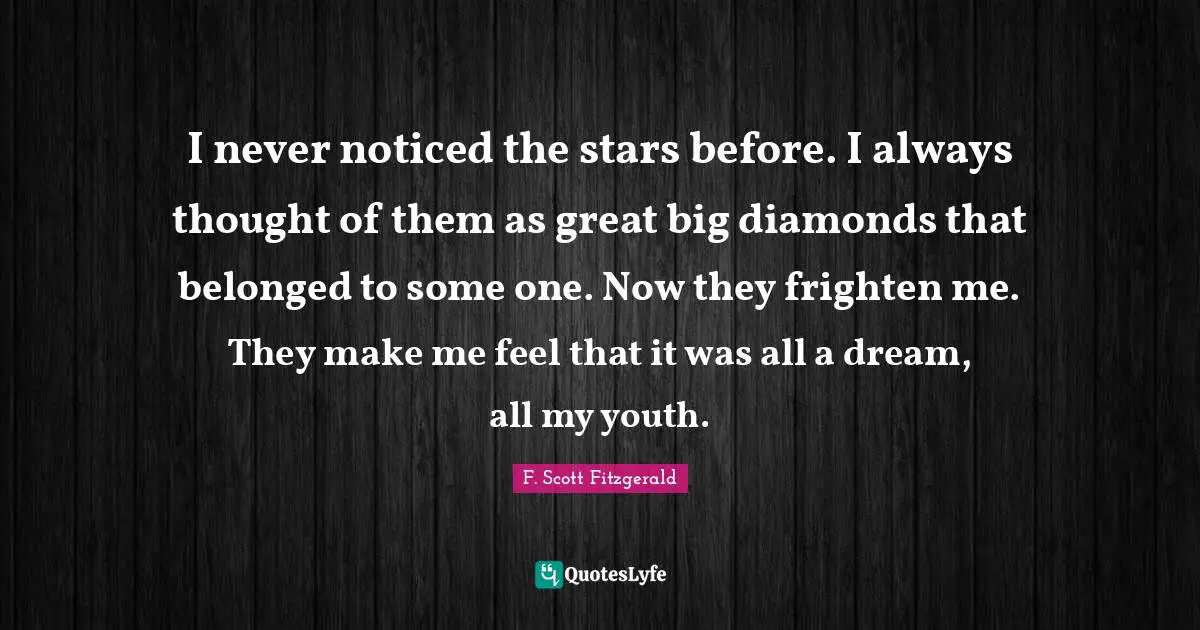 I never noticed the stars before. I always thought of them as great big diamonds that belonged to some one. Now they frighten me. They make me feel that it was all a dream, all my youth.