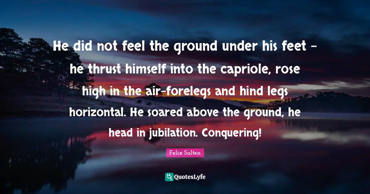 He did not feel the ground under his feet - he thrust himself into the capriole, rose high in the air-forelegs and hind legs horizontal. He soared above the ground, he head in jubilation. Conquering!