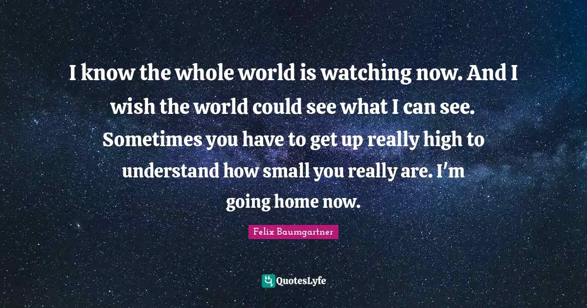 Going Home Quotes: "I know the whole world is watching now. And I wish the world could see what I can see. Sometimes you have to get up really high to understand how small you really are. I'm going home now."