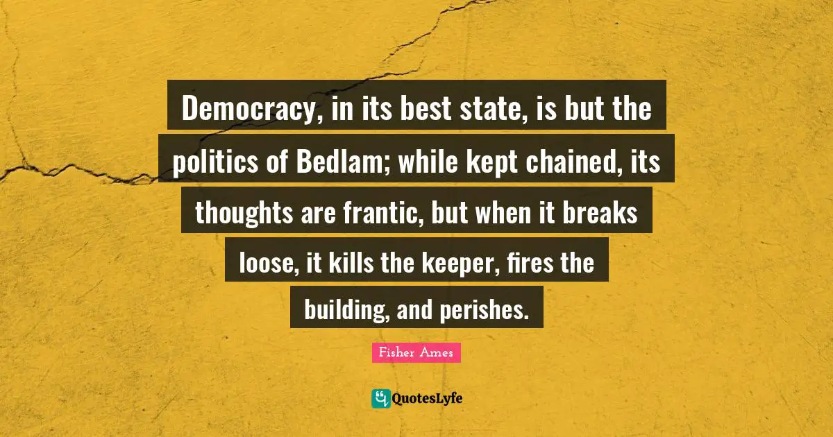 Democracy, in its best state, is but the politics of Bedlam; while kept chained, its thoughts are frantic, but when it breaks loose, it kills the keeper, fires the building, and perishes.