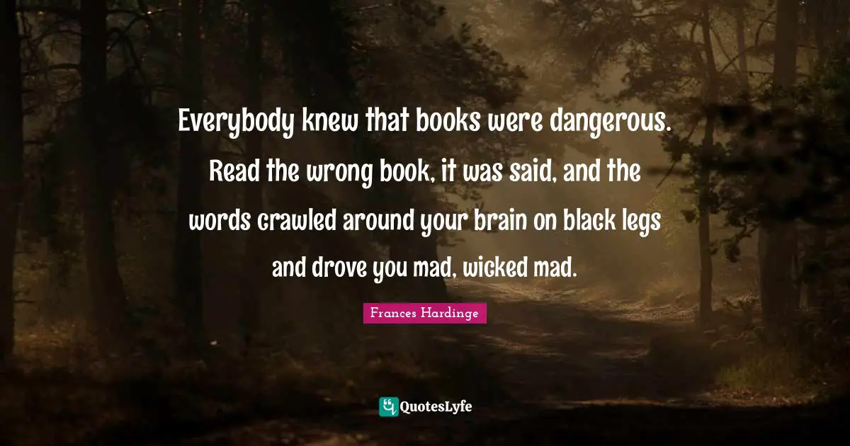 Everybody knew that books were dangerous. Read the wrong book, it was said, and the words crawled around your brain on black legs and drove you mad, wicked mad.