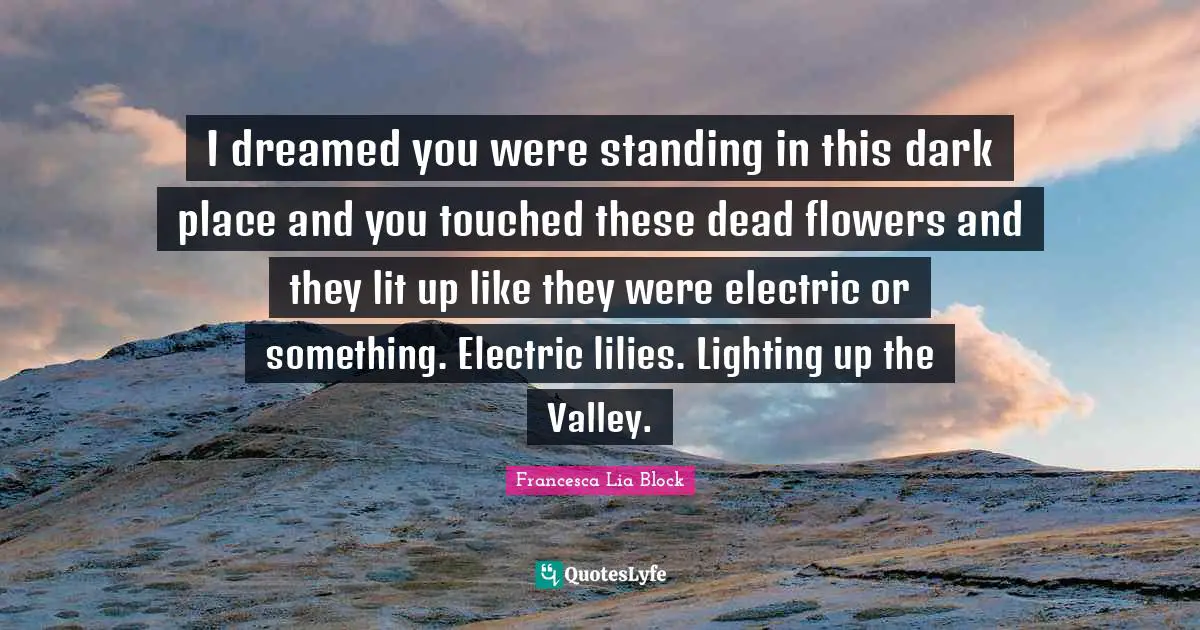 Francesca Lia Block Quotes: "I dreamed you were standing in this dark place and you touched these dead flowers and they lit up like they were electric or something. Electric lilies. Lighting up the Valley."