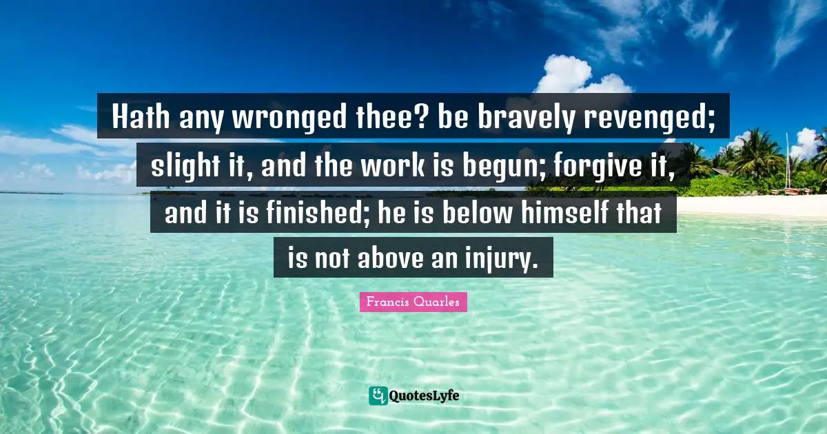 Hath any wronged thee? be bravely revenged; slight it, and the work is begun; forgive it, and it is finished; he is below himself that is not above an injury.