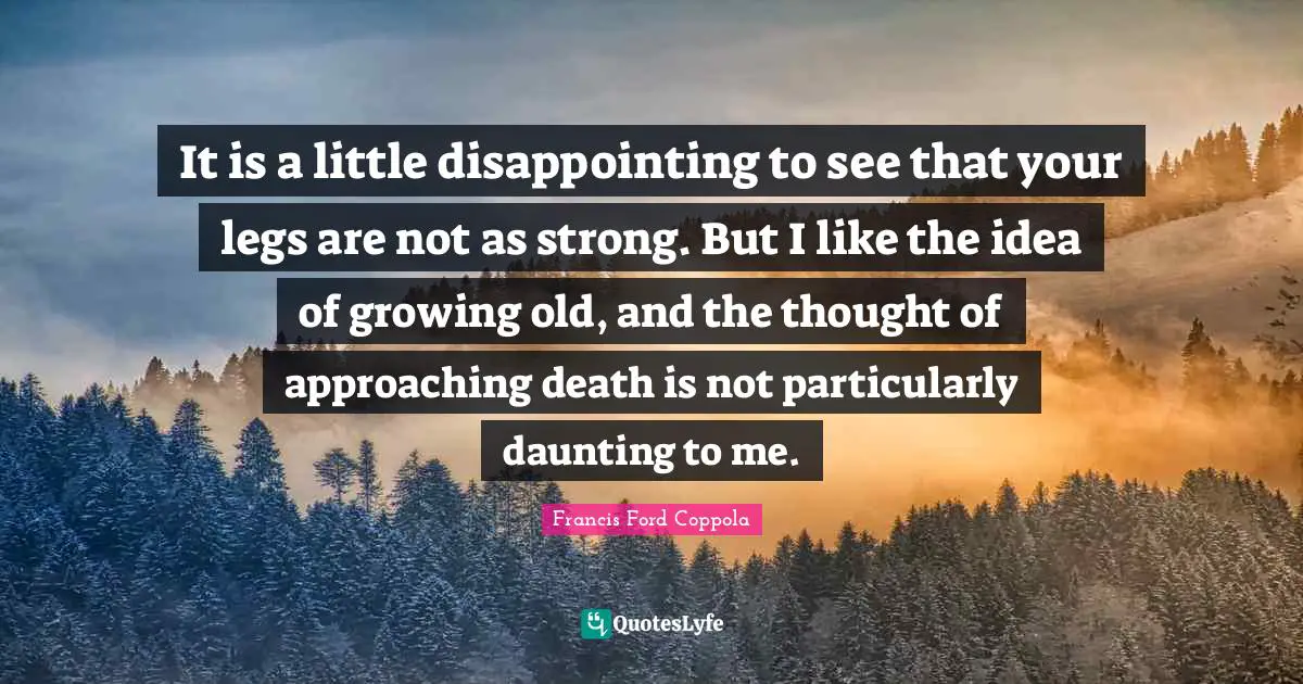 It is a little disappointing to see that your legs are not as strong. But I like the idea of growing old, and the thought of approaching death is not particularly daunting to me.
