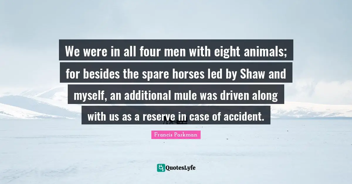 We were in all four men with eight animals; for besides the spare horses led by Shaw and myself, an additional mule was driven along with us as a reserve in case of accident.