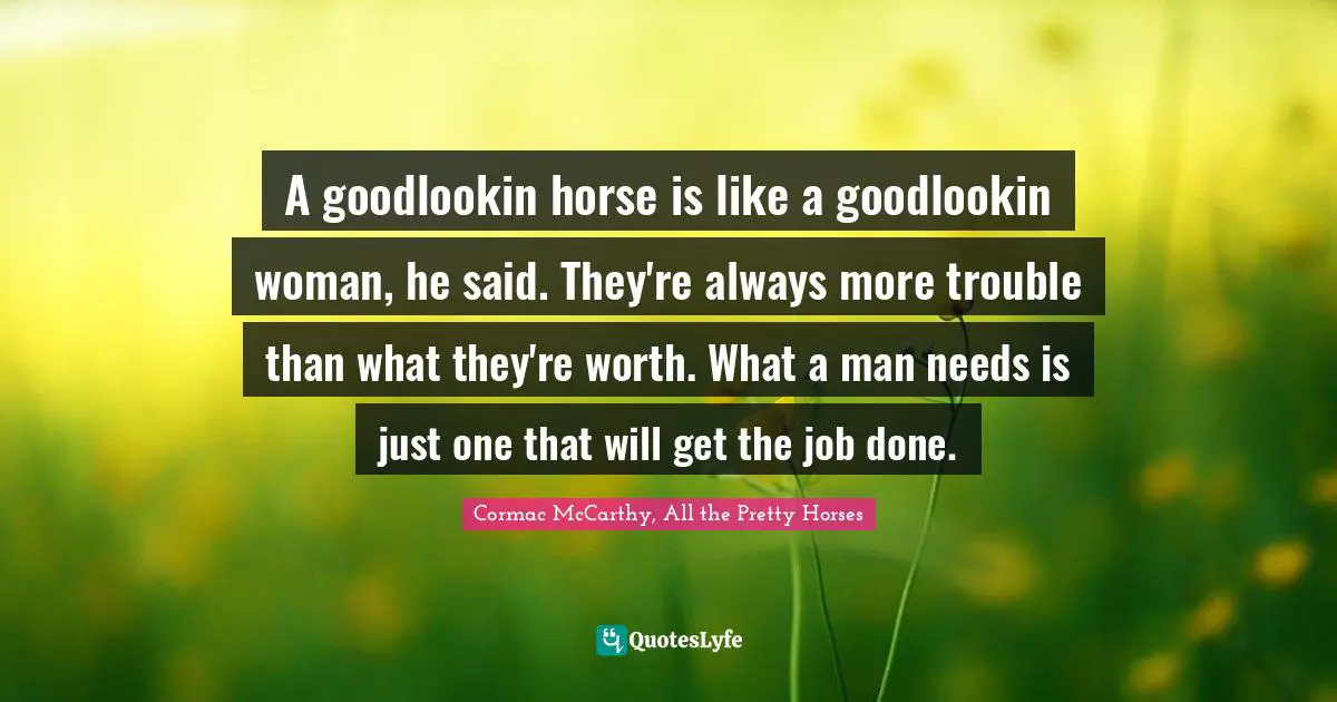 A goodlookin horse is like a goodlookin woman, he said. They're always more trouble than what they're worth. What a man needs is just one that will get the job done.