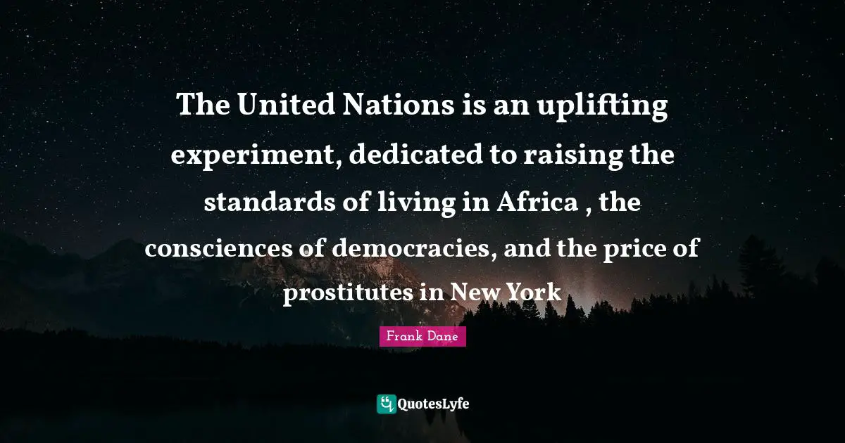 The United Nations is an uplifting experiment, dedicated to raising the standards of living in Africa , the consciences of democracies, and the price of prostitutes in New York