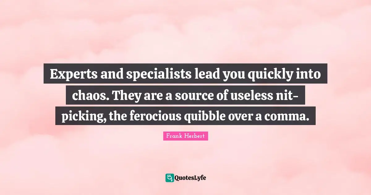 Experts and specialists lead you quickly into chaos. They are a source of useless nit-picking, the ferocious quibble over a comma.