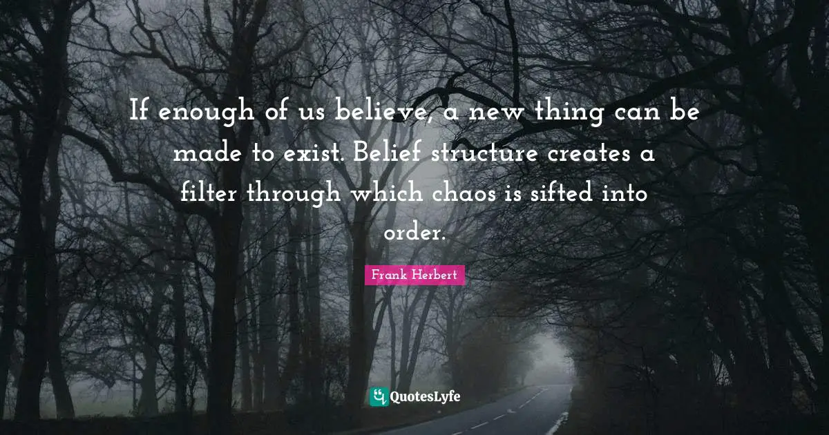 If enough of us believe, a new thing can be made to exist. Belief structure creates a filter through which chaos is sifted into order.