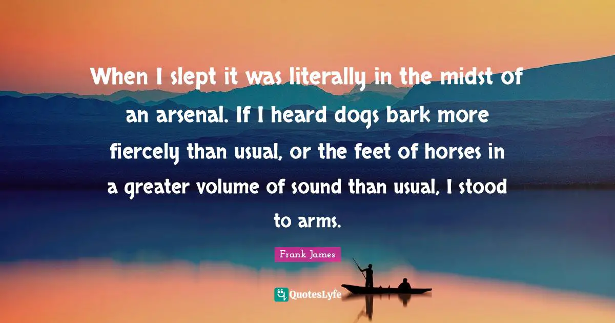 When I slept it was literally in the midst of an arsenal. If I heard dogs bark more fiercely than usual, or the feet of horses in a greater volume of sound than usual, I stood to arms.