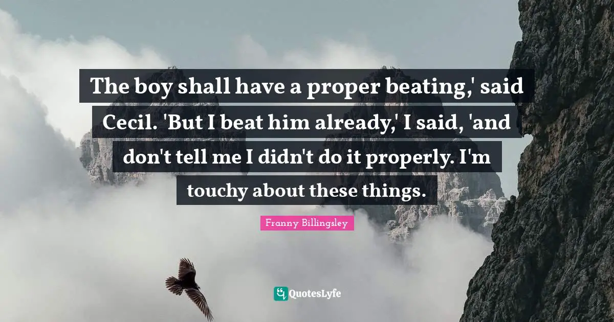 The boy shall have a proper beating,' said Cecil. 'But I beat him already,' I said, 'and don't tell me I didn't do it properly. I'm touchy about these things.