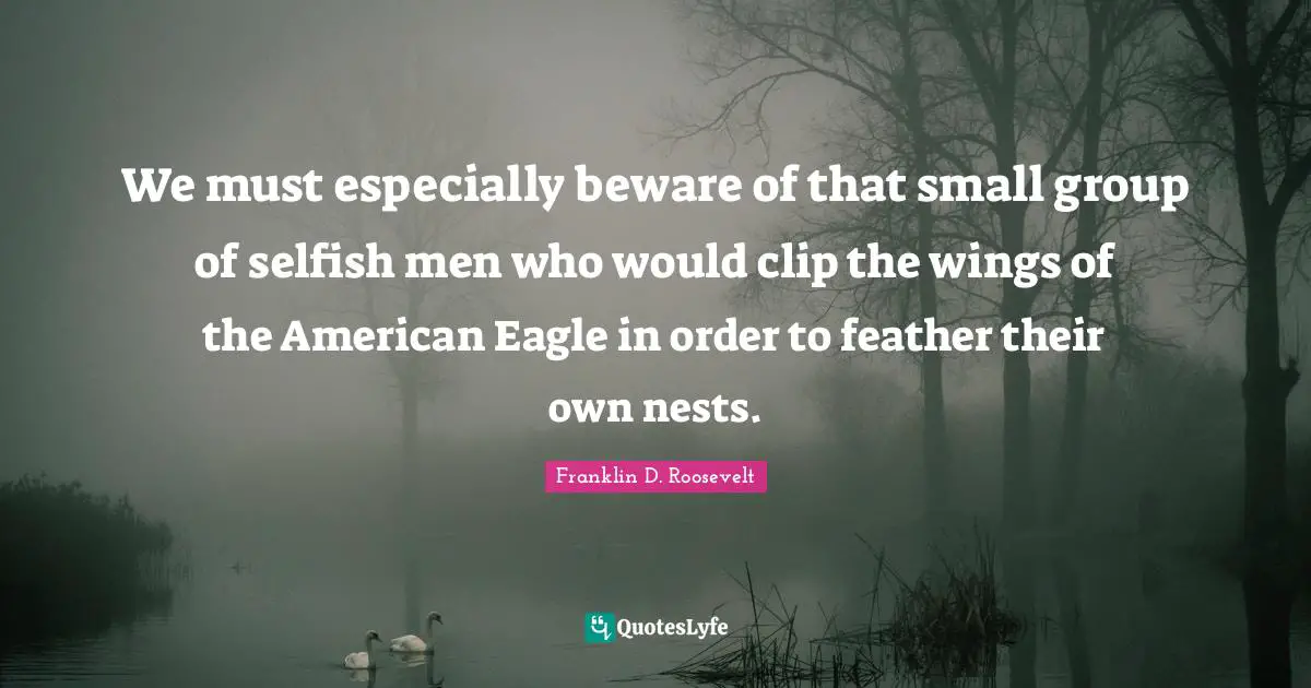 We must especially beware of that small group of selfish men who would clip the wings of the American Eagle in order to feather their own nests.
