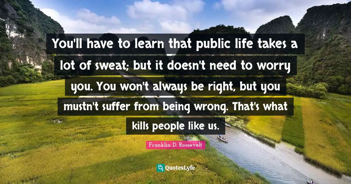 You'll have to learn that public life takes a lot of sweat; but it doesn't need to worry you. You won't always be right, but you mustn't suffer from being wrong. That's what kills people like us.