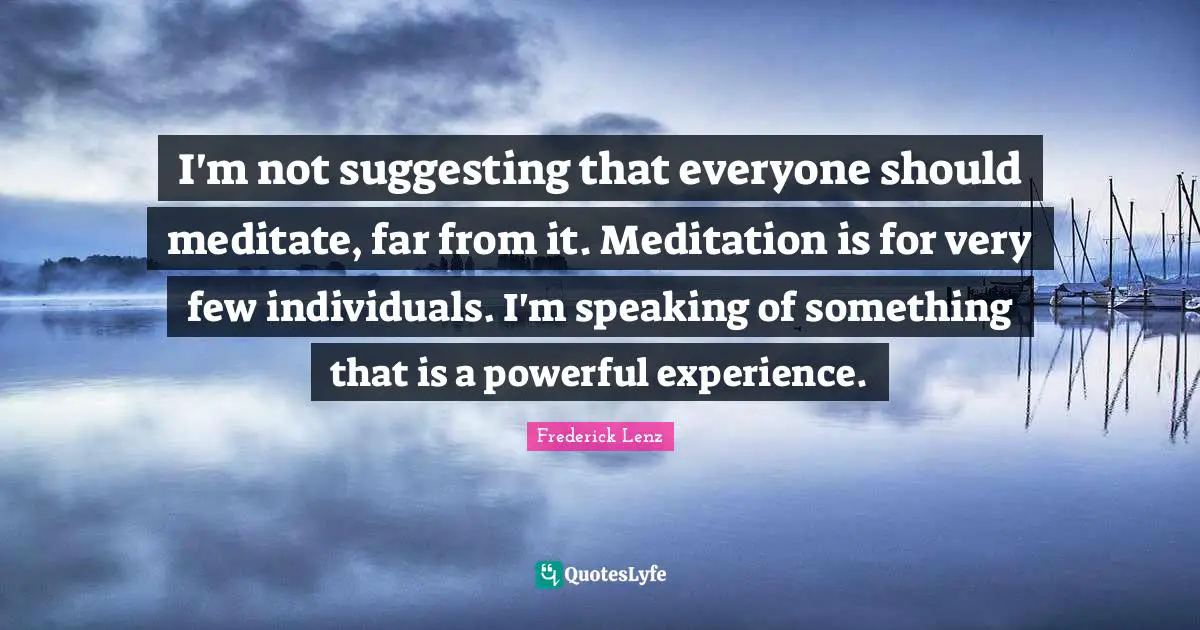 I'm not suggesting that everyone should meditate, far from it. Meditation is for very few individuals. I'm speaking of something that is a powerful experience.