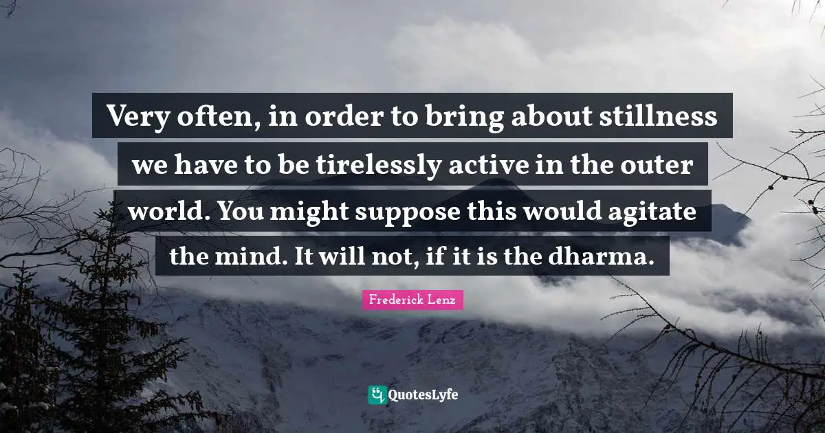 Very often, in order to bring about stillness we have to be tirelessly active in the outer world. You might suppose this would agitate the mind. It will not, if it is the dharma.