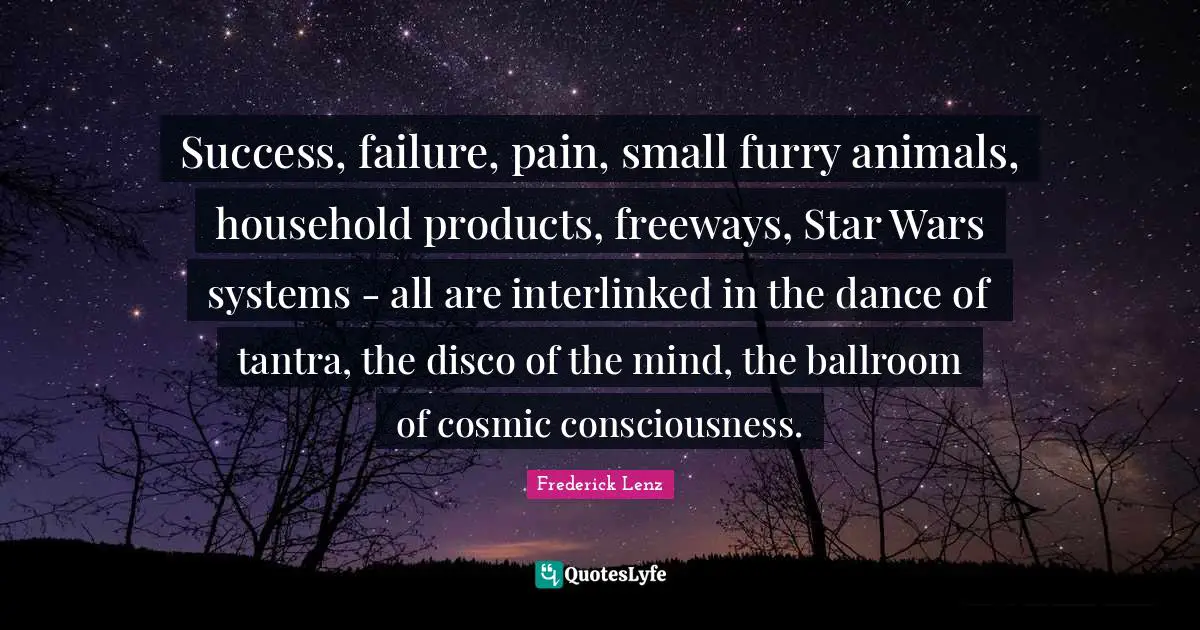Success, failure, pain, small furry animals, household products, freeways, Star Wars systems - all are interlinked in the dance of tantra, the disco of the mind, the ballroom of cosmic consciousness.