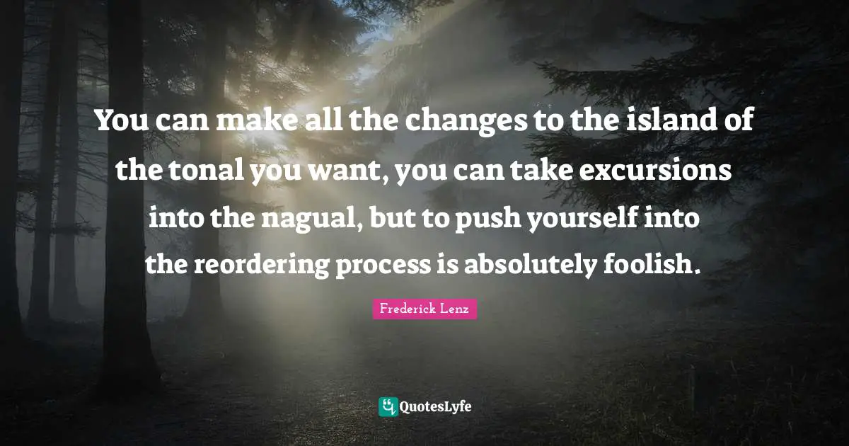 You can make all the changes to the island of the tonal you want, you can take excursions into the nagual, but to push yourself into the reordering process is absolutely foolish.