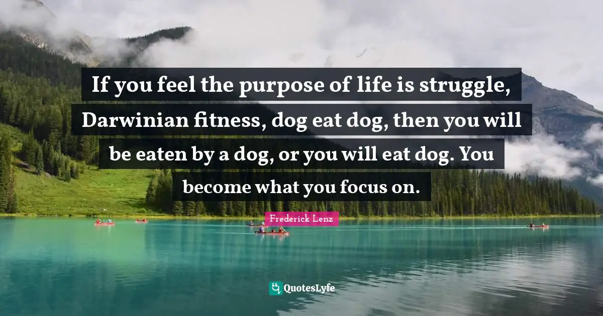 If you feel the purpose of life is struggle, Darwinian fitness, dog eat dog, then you will be eaten by a dog, or you will eat dog. You become what you focus on.