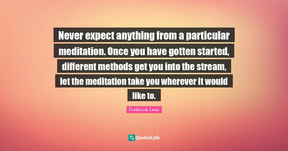 Never Expect Quotes: "Never expect anything from a particular meditation. Once you have gotten started, different methods get you into the stream, let the meditation take you wherever it would like to."