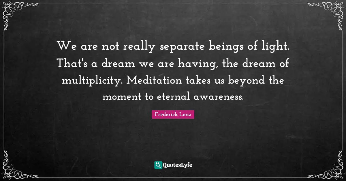 We are not really separate beings of light. That's a dream we are having, the dream of multiplicity. Meditation takes us beyond the moment to eternal awareness.