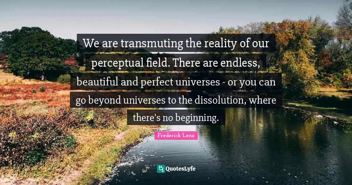 Dissolution Quotes: "We are transmuting the reality of our perceptual field. There are endless, beautiful and perfect universes - or you can go beyond universes to the dissolution, where there's no beginning."