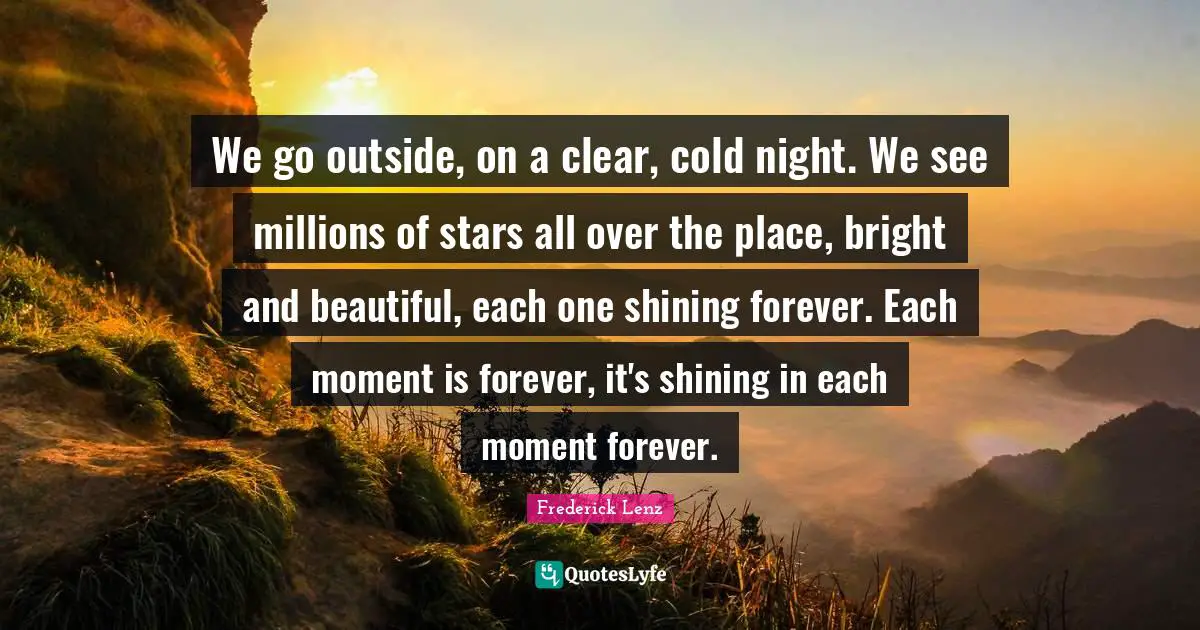 We go outside, on a clear, cold night. We see millions of stars all over the place, bright and beautiful, each one shining forever. Each moment is forever, it's shining in each moment forever.