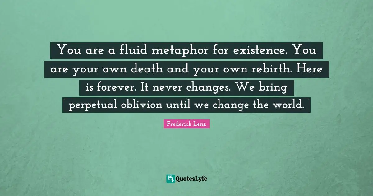 You are a fluid metaphor for existence. You are your own death and your own rebirth. Here is forever. It never changes. We bring perpetual oblivion until we change the world.