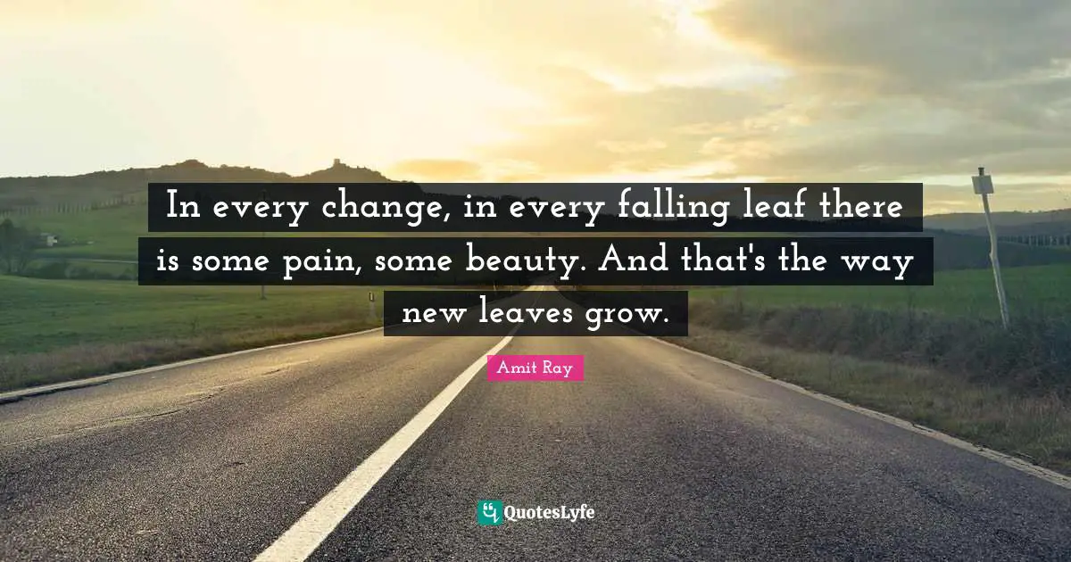 Amit Ray Quotes: "In every change, in every falling leaf there is some pain, some beauty. And that's the way new leaves grow."