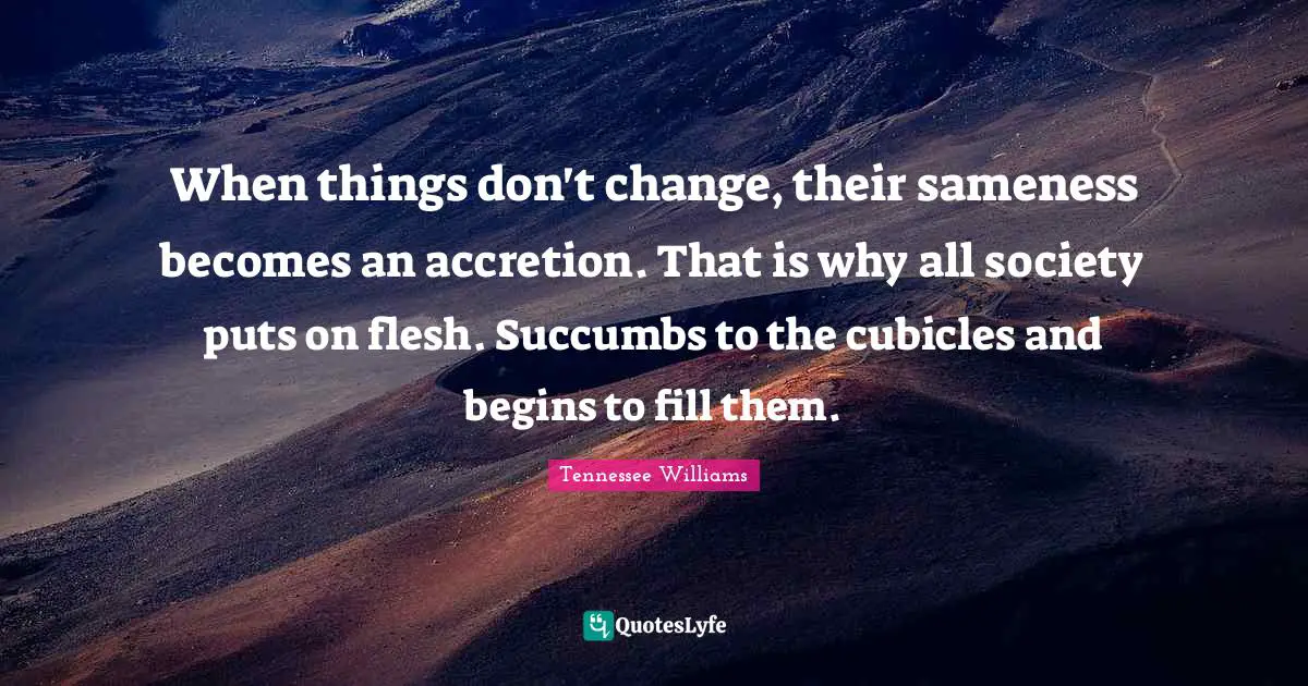 When things don't change, their sameness becomes an accretion. That is why all society puts on flesh. Succumbs to the cubicles and begins to fill them.