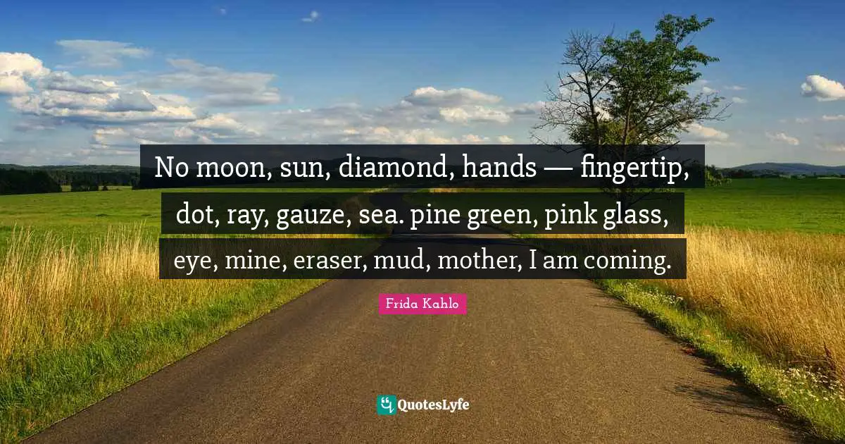 Frida Kahlo Quotes: "No moon, sun, diamond, hands — fingertip, dot, ray, gauze, sea. pine green, pink glass, eye, mine, eraser, mud, mother, I am coming."