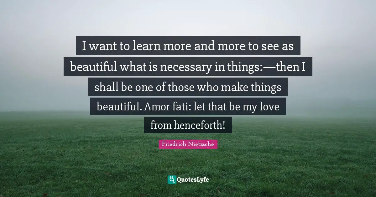 I want to learn more and more to see as beautiful what is necessary in things:—then I shall be one of those who make things beautiful. Amor fati: let that be my love from henceforth!