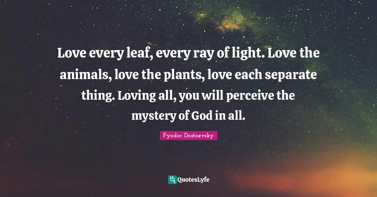 Love every leaf, every ray of light. Love the animals, love the plants, love each separate thing. Loving all, you will perceive the mystery of God in all.