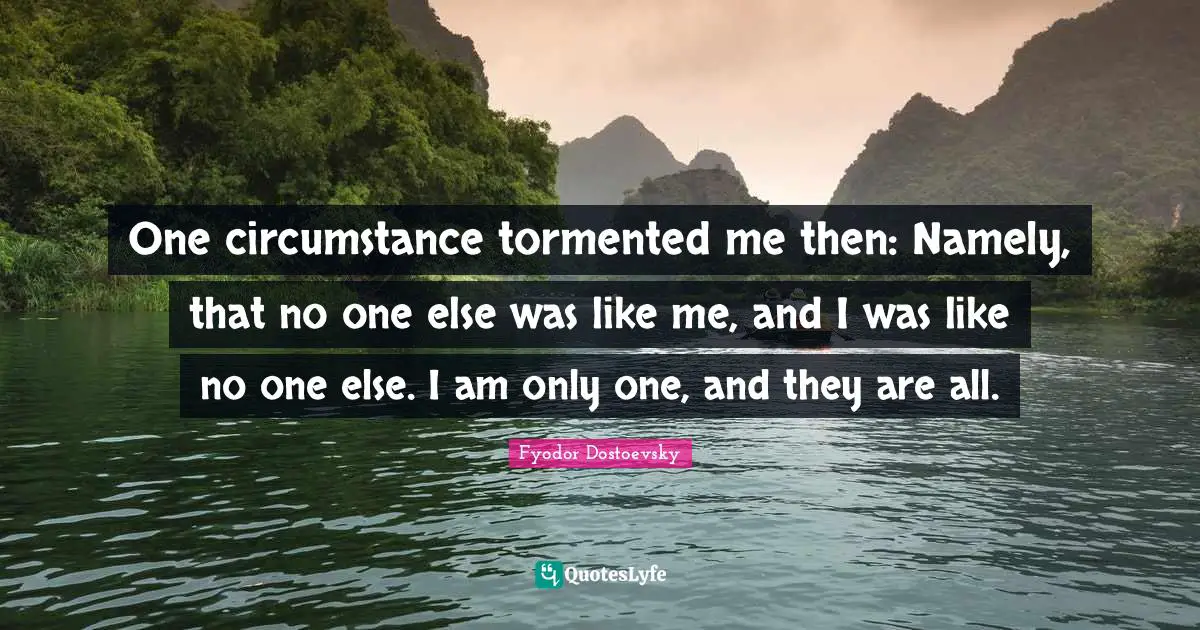 One circumstance tormented me then: Namely, that no one else was like me, and I was like no one else. I am only one, and they are all.