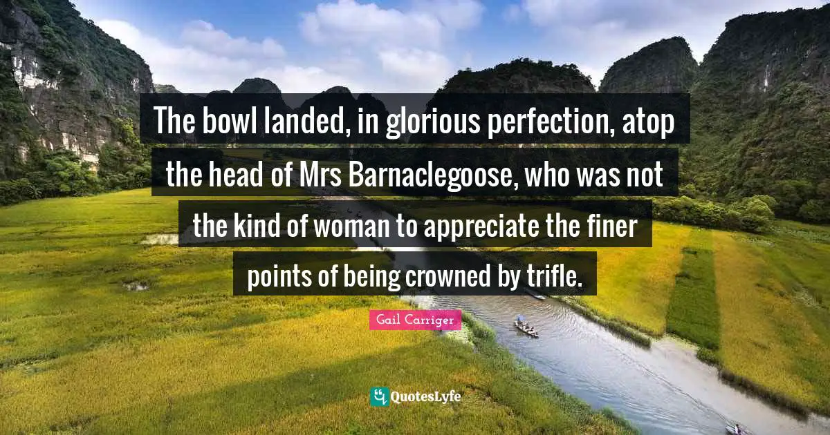 The bowl landed, in glorious perfection, atop the head of Mrs Barnaclegoose, who was not the kind of woman to appreciate the finer points of being crowned by trifle.